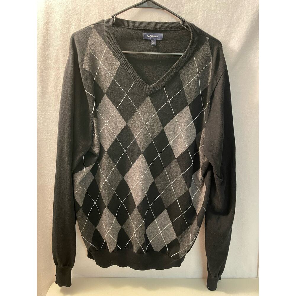 Croft & Barrow XL black gray argyle v neck mens‎ sweater